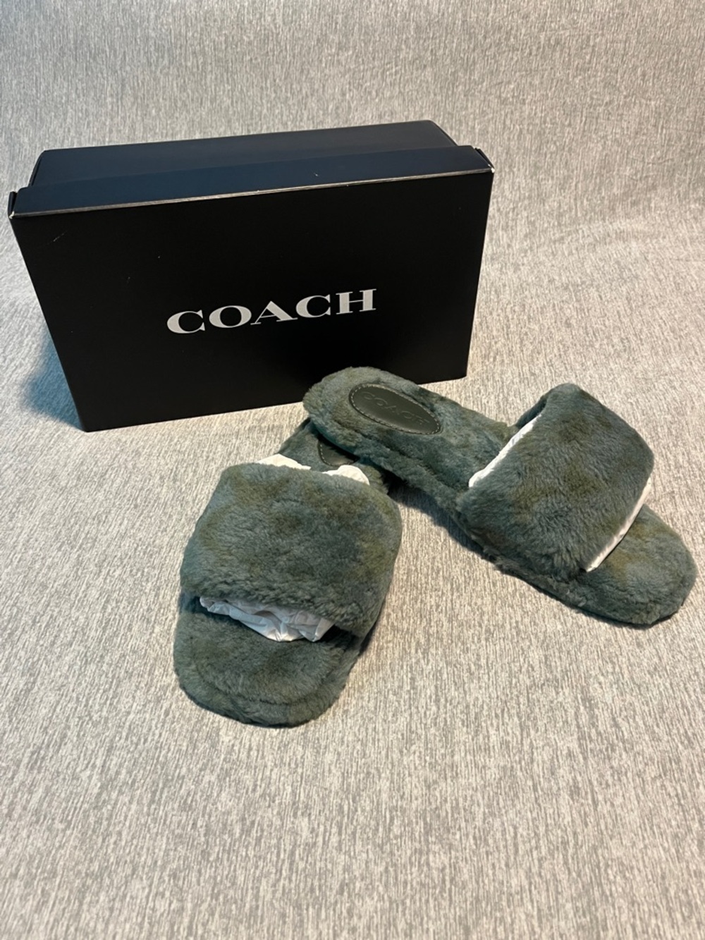 Coach Plush Slide Slippers in Dark Green